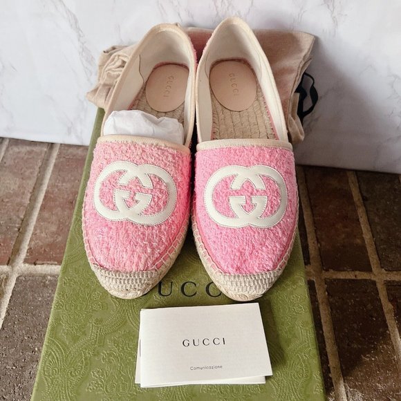 Gucci GG Logo Monogram Interlocking G Terry Espadrille Flat Pink Womens EU 37.5 - Picture 1 of 9